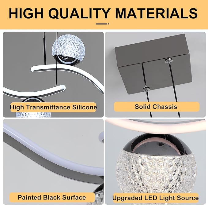 ORANOOR Modern LED Globe Pendant Light, 39in Dimmable Black Hanging Chandelier Light Fixture, 2-Wave Kitchen Pendant Lighting Over Island, Dining Room Lights Ceiling Hanging Over Table (2-Bulb)