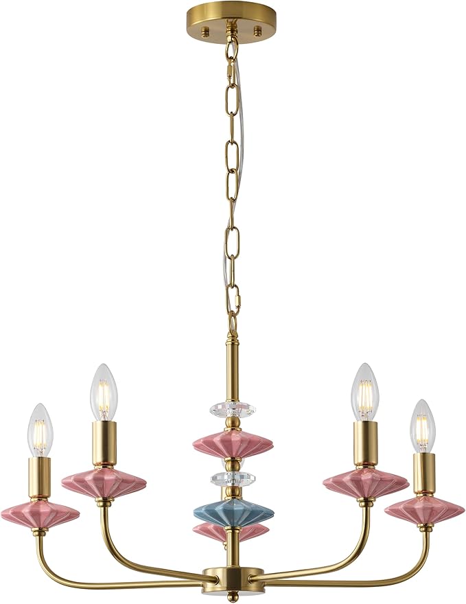 Pink Chandeliers for Dining Room Light Fixture Over Table,5-Light Art Deco Chandelier, Modern Retro Candle Chandelier with Ceramic,Farmhouse Chandelier for Girls Bedroom Living Room, Foyer