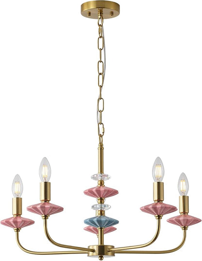Pink Chandeliers for Dining Room Light Fixture Over Table,5-Light Art Deco Chandelier, Modern Retro Candle Chandelier with Ceramic,Farmhouse Chandelier for Girls Bedroom Living Room, Foyer