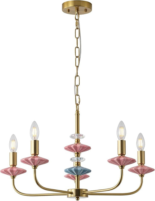 Pink Chandeliers for Dining Room Light Fixture Over Table,5-Light Art Deco Chandelier, Modern Retro Candle Chandelier with Ceramic,Farmhouse Chandelier for Girls Bedroom Living Room, Foyer