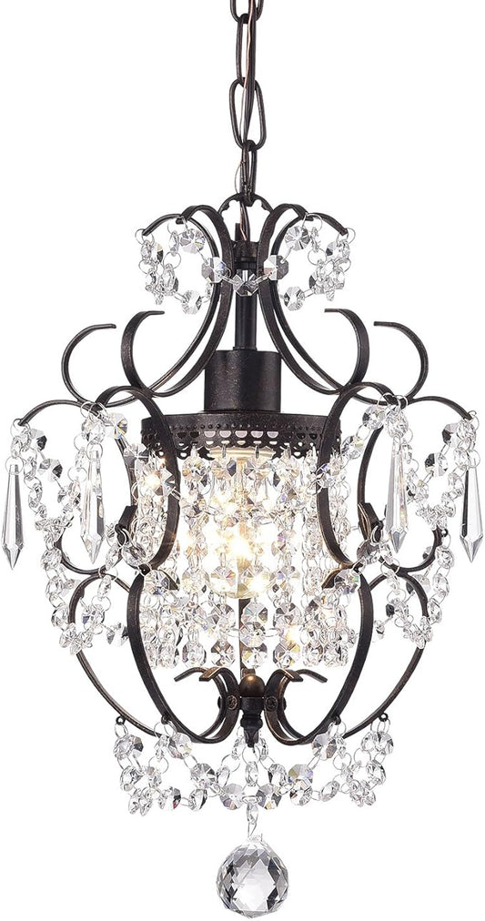 Edvivi Amorette Mini Chandelier Crystal, 1 Light Modern Elegant Glam Ceiling Light Fixture Antique Bronze, Adjustable Hanging Lighting for Closet, Bedroom, Girls Room, Kitchen Island
