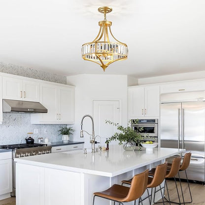 Gold Chandeliers for Dining Room Modern Round Crystal 4 Lights Rustic Pendant Lighting Fixture with Metal Lampshade for Living Room Hallway Bedroom Foyer