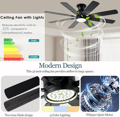 KNUN 52 Inch Ceiling Fan with Light,Low profile Ceiling Fans with Remote Control or App Control, 8 Blades, Noiseless, DC Motor, Flush Mount Ceiling Fan for Bedroom,Living Room, Indoor/Outdoor Black