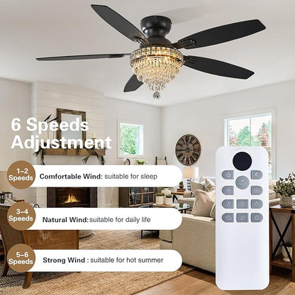 Crystal Ceiling Fan Fandelier with Lights-Ceiling Fans with Lights,54" Low Profile and Remote Control, Flush Mount, Reversible, Dimmable, Noiseless, Black Ceiling Fan for Bedroom