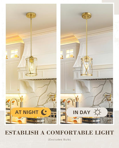 Beionxii 2 Pack Brushed Gold Pendant Lights Kitchen Island, Modern Kitchen Pendant Lighting Over Island, Farmhouse Industrial Cage Hanging Lighting with Clear Glass for Sink,Dining Room, BX-PL07BG-2PK