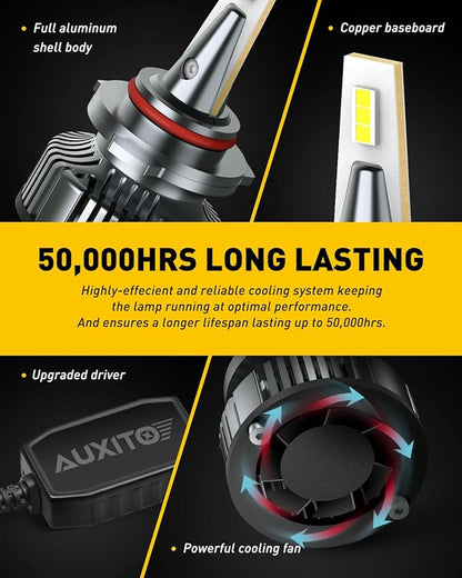 AUXITO 9005 Bulbs, Mini Sized, CanBus Ready, 50,000 Lumens 900% Brighter, Beam Adjustable 9005 HB3 Light Bulb, 6500K Xenon White, Pack of 2