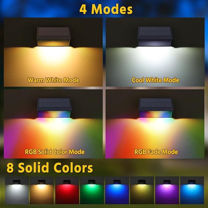 NIORSUN Outdoor Fence Lights, 16 Pack Waterproof LED Solar Fence Lights with 1500mAh Battery, Warm White/Cool White/RGB, Easy-to-Install Wall Light for Deck, Patio, Railing, Stairs, Backyard – Black