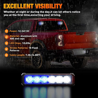 Nilight 12LED Emergency Strobe Traffic Advisor Light Bar 2 in 1 Blue White Dash Warning Safety Flashing Lights Front/Rear Windshield Construction Lights for Trucks Cars Plow Police Vehicles
