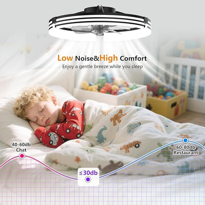Ceiling Fans with Lights and Remote, 19.7" Black Low Profile Ceiling Fan, Modern Flush Mount LED Fan Light, 6 Wind Speeds Fandelier Ceiling Fan with Light for Bedroom, 3000-6500K Dimmable