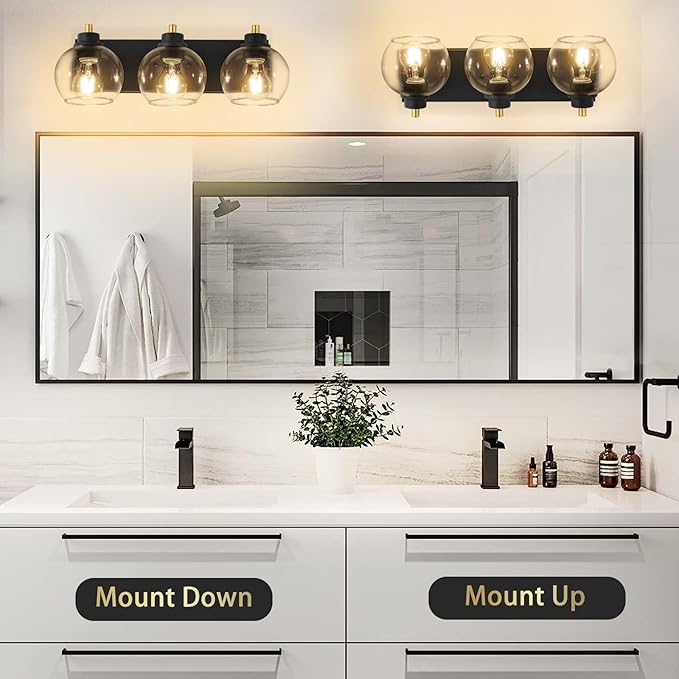 Tuscarora 3 Light Bathroom Vanity Light, Black and Gold Bathroom Light Fixtures Over Mirror, Modern Vanity Light with Clear Glass Shade, Black Wall Sconce for Mirror