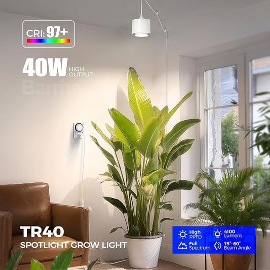 Barrina TR40 Hanging Grow Lights for Indoor Plants, 40W 4000K Full Spectrum, Adjustable Beam Angle 15°-60°, Hanging Grow Light with Mechanical Timer and 16.4FT Power Cord, for Garden Greenhouse, White