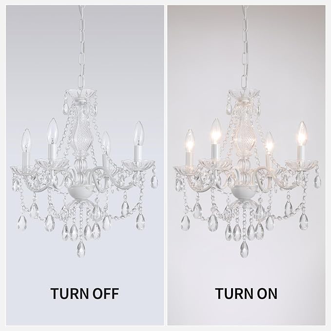 Plug in Crystal Ceramic White Chandelier, Glass Chandeliers,White crystal Hanging Pendant Light with Clear Cord and On/Off, 4 Light Crystal Chandelier for wedding, Kitchen, Dining,Foyer, Mini room