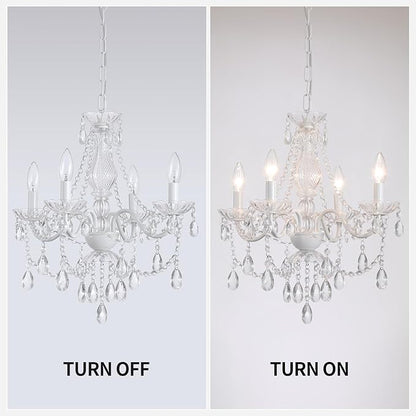 Plug in Crystal Ceramic White Chandelier, Glass Chandeliers,White crystal Hanging Pendant Light with Clear Cord and On/Off, 4 Light Crystal Chandelier for wedding, Kitchen, Dining,Foyer, Mini room