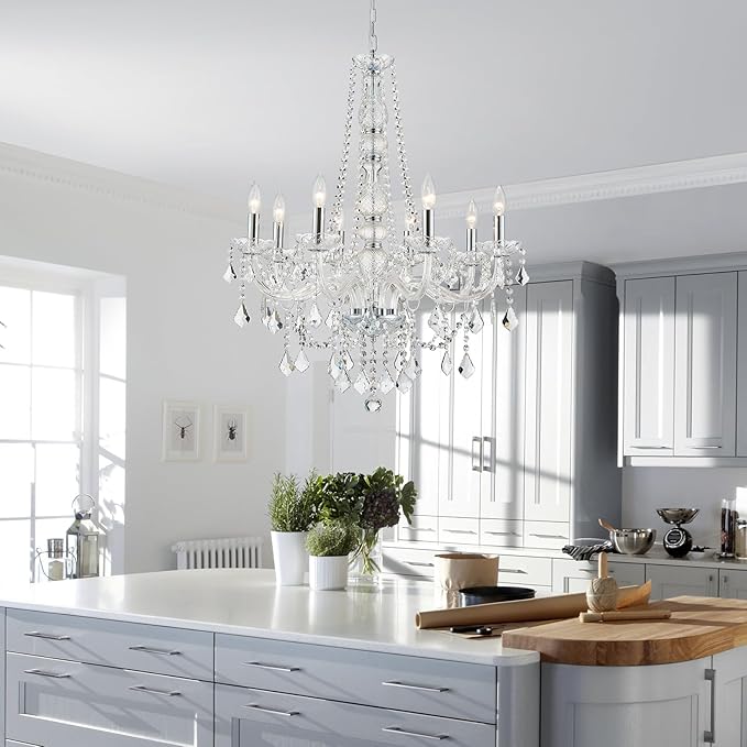 WUZUPS 8-Light Crystal Candle Chandelier Pendant Ceiling Light Modern Lighting Fixture for Bedroom Hallway Bar Kitchen Bathroom, H 35.4" W 27.6", E12 Base, Chrome