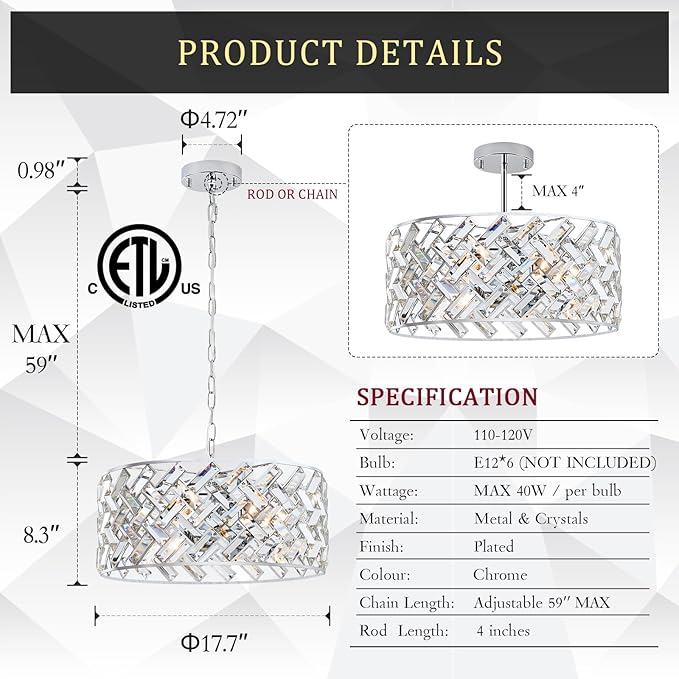 CATINER Chrome Crystal Chandeliers, Modern Semi Flush Mount Ceiling Light, 6-Light Round Crystal Hanging Pendant Light Fixtures, D18” for Dining Room Entryway Kitchen Hallway K9 Crystal