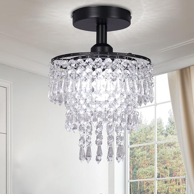 FRIXCHUR Small Crystal Chandelier Flush Mount Ceiling Light 3 Tiers Raindrops Crystal Chandeliers for Bedroom Hallway Foyer Living Room Entryway Closet, Black