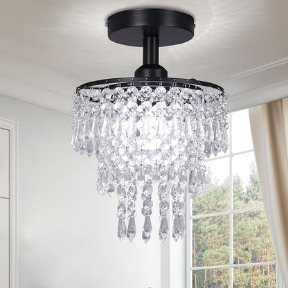 FRIXCHUR Small Crystal Chandelier Flush Mount Ceiling Light 3 Tiers Raindrops Crystal Chandeliers for Bedroom Hallway Foyer Living Room Entryway Closet, Black