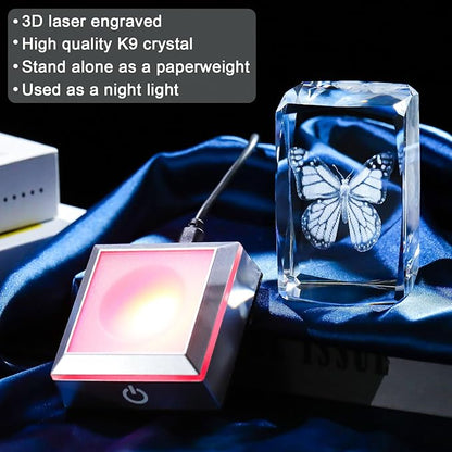 3D Crystal Butterfly for Mom Women or Men, Laser Etched Glass Butterfly Figurine Decor Stuff with Colorful LED Base Nature Lovers Keepsakes Paperweight Gifts for Birthday