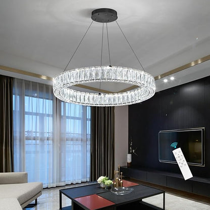HAIXIANG Modern Crystal Chandelier Dimmable LED Ring Pendant Lights Adjustable Glam Chandeliers Lighting Fixtures for Dining Room Living Room Bedroom Black Light