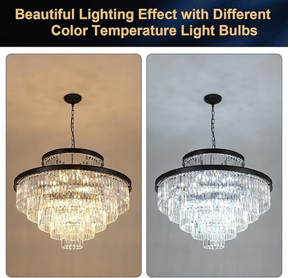 35" Large Black Crystals Chandelier 6-Tier Modern Crystal Chandeliers for High Ceiling Foyer K9 Crystal Chandelier with Adjustable Chain for Staircase Living Room Entryway Kitchen Master Bedroom
