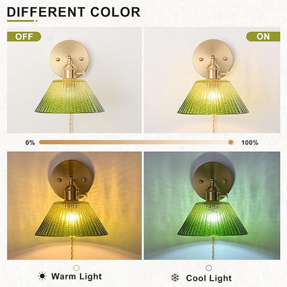 Plug in Wall Sconces Set of 2, Vintage Wall Sconce Light with Gradient Green Glass Lampshade, Bedroom Wall Sconce with Switch and Plug in wall lamp Cord, Gold Wall Light Wall Decor Set of 2