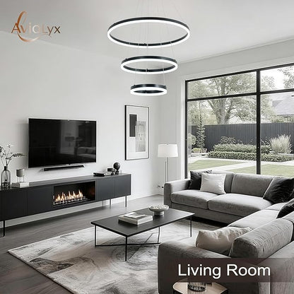 3 Rings Modern LED Chandelier Black High Ceiling Ring Chandeliers with Remote Control Circular Pendant Light Dimmable for Dining Room Living Room Bedroom Foyer Entryway 3000K-6500K