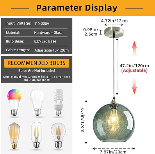 Modern 2-Pack Glass Globe Pendant Lights, Gray Green Modern Pendant Lighting for Kitchen Island, Glass Hanging Lamps for Dining Room Living Room Bedroom, Medium 7.87 Inch Fixture (Bulbs Not Included)
