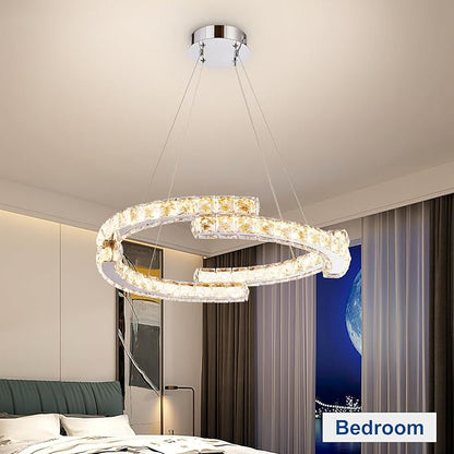 Depuley Modern LED Crystal Chandeliers: 23.6" Curved Ring Chandelier Hanging Crystal Ceiling Light Fixture - 42W Adjustable Height Pendant Light for Living Room Dining Room Bedroom Foyer