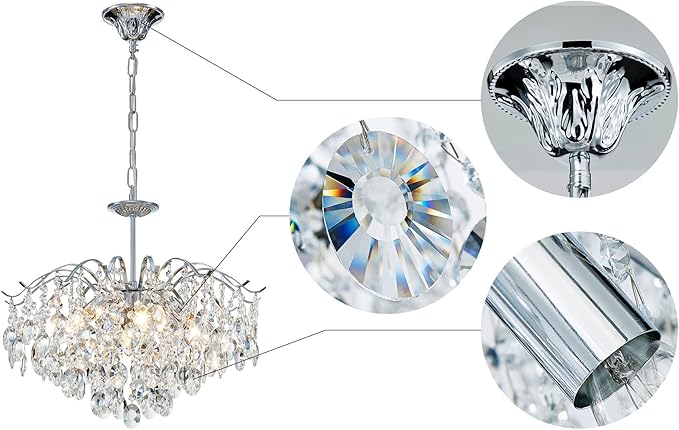 Saint Mossi Modern K9 Crystal Chandeliers, Middle Century Modern Design Chandelier Light Fixture for Dining Room, D20 x H17, Adjustable Chains 59", Chrome Finish Metal Frame