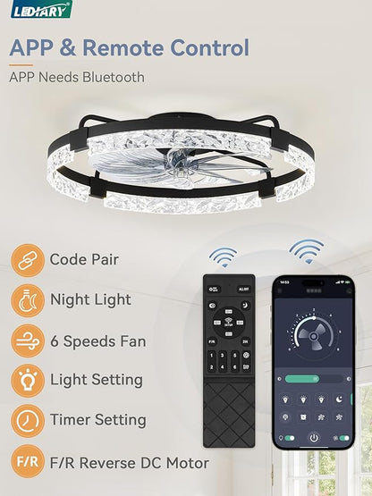 LEDIARY 24 Inch Low Profile Ceiling Fans with Lights and Remote, Flush Mount Fandelier Ceiling Fan, 3000K-6000K Dimmable LED Fan Light, Black Modern Ceiling Fans with Lights for Bedroom