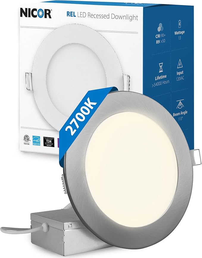 LED Downlight - Ultra-Thin 6 inch LED Recessed Light with Junction Box - 2700K, 902 Lumens, 11.8W, 120V, Dimmable LED Lights - REL6 Edge-Lit LED Ceiling Light, Nickel by NICOR Lighting