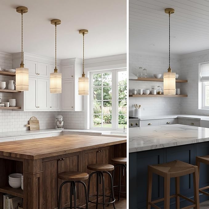 Milk Glass Striped Kitchen Island Pendant Light, Vintage Dining Room Light Fixture - Adjustable Hanging Light for Dining Room, Bedside, Vanity Area, Hallway & Entryway