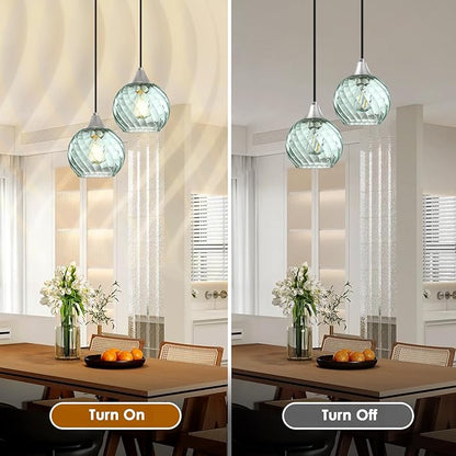 Pendant Lights Kitchen Island,2 Pack Farmhouse Pendant Lights,Green Striped Swirl Globe Glass Pendant Light Fixtures,Mini Island Lights For Kitchen,Modern Hanging Light Fixture With Adjustable Height