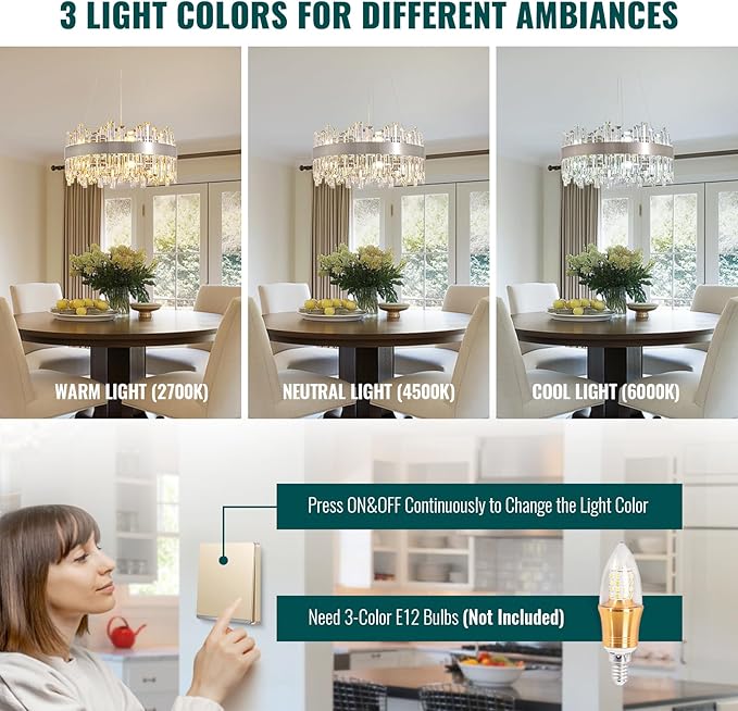 Siljoy 12-Light Modern Crystal Chandeliers Luxury 2-Tiers K9 Crystal Raindrop Chandelier Adjustable Dimmable Crystal Ceiling Light for Dining Room Living Room Bedroom Kitchen D19.7''