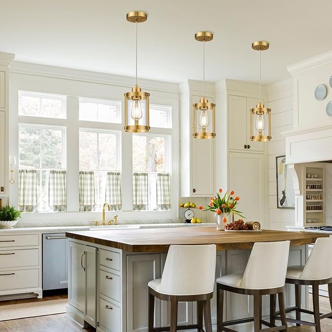 Brushed Gold Pendant Lights Kitchen Island, 1-Light Modern Brass Mini Hanging Light Fixtures with Clear Glass, Farmhouse Kitchen Pendant Lighting Over Island for Sink, OS-3014-1PBG