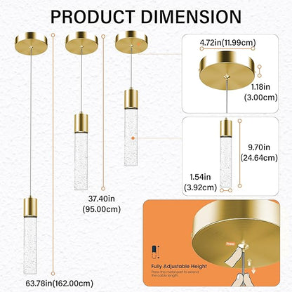 Pendant Lights Kitchen Island, 6500K Modern Kitchen Island Lights Brushed Gold, 3 Pack Ceiling Lighting Fixtures with Crystal Bubble, Integrated LED Hanging Light for Dining Room Restaurant