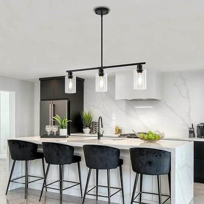 Modern Island Lights for Kitchen, Clear Glass Pendant Lighting Over Island Kitchen Hanging Light Fixtures 3-Light Black Farmhouse Chandelier for Dining Room Foyer Living Room