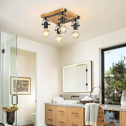 Farmhouse Wooden Flush Mount Ceiling Lamp,4-Light Directional Ceiling Spotlight Track Light Kits,Rustic Farmhouse Kitchen Light Fixtures for Kitchen Bathroom Bedroom Hallway.