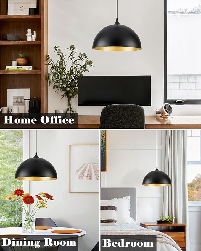 Black Pendant Lights Kitchen Island 3 Pack, 14 Inch Large Dome Pendant Light, Black and Gold Farmhouse Industrial Pendant Light, Island Pendant Lights for Kitchen, Dining Room