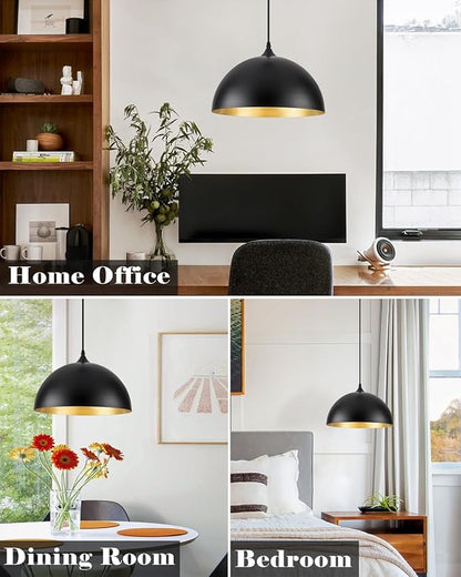 Black Pendant Lights Kitchen Island 3 Pack, 14 Inch Large Dome Pendant Light, Black and Gold Farmhouse Industrial Pendant Light, Island Pendant Lights for Kitchen, Dining Room