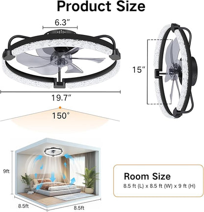 OUTON 20" Fandelier Low Profile Ceiling Fan with Light, Remote & App Control, Flush Mount Ceiling Fan with 3000K-6500K Stepless Dimmable, 6 Speed, Quiet DC Motor, Small Modern Fans for Bedroom