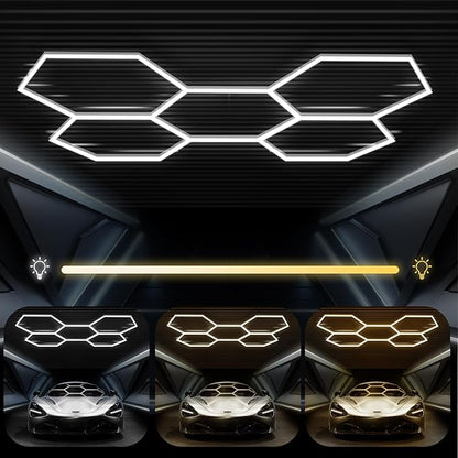 FERUERW Hexagon Garage Lights 5 Grid, 3 Color Temperature(2700/4300/6500K) Dimmable, 5 Hex Grid for Garage, Shop, Basement, Car Detailing Shop etc. with Mounting Clip