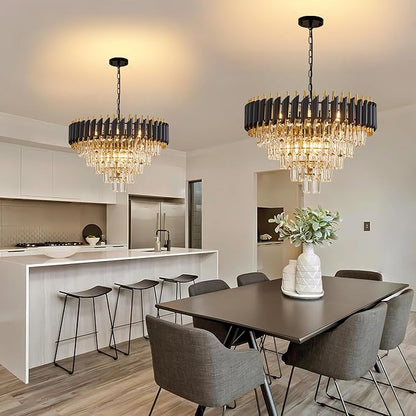 10-Light Large Crystal Chandelier 24" Dining Room Light Fixtures 5 Tiers Flush Mount Black and Gold Chandelier Round Large Chandeliers for Dining Room Living Room Kitchen Entryway Foyer