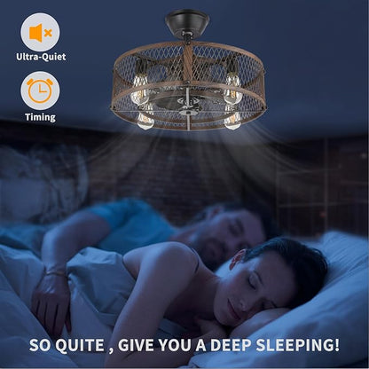 Depuley Outdoor Ceiling Fan with Light: 20" Caged Ceiling Fans with Remote Control for Patio Kitchen Bedroom - Farmhouse Fandelier Flush Mount Lights Fixture Reversible 6 Speed Timer Walnut