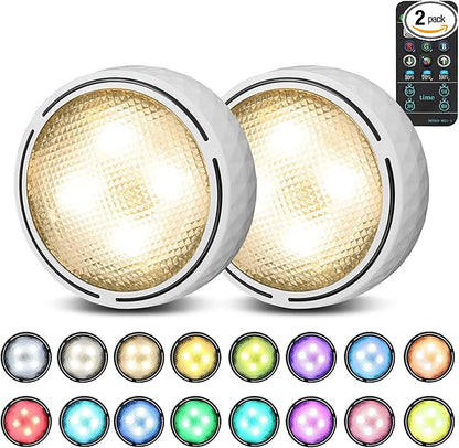 Onumii LED Puck Lights with Remote Control, Battery Operated Under Cabinet Lighting, Wireless Stick-On Color Changing Timer Lights for Kitchen Cabinets, Closets, Shelves - 2 Pack, White
