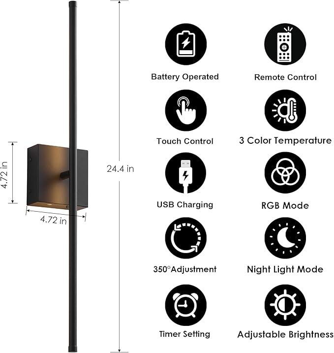 KARTOOSH 24.4 Inch 9 RGB Color Battery Operated Wireless Wall Sconces Set of Two, with Remote, Dimmable, Warm/Natural White/Daylight, Rotatable, LED Wall Light for Living Room, Bedroom, Black