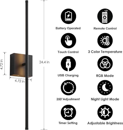 KARTOOSH 24.4 Inch 9 RGB Color Battery Operated Wireless Wall Sconces Set of Two, with Remote, Dimmable, Warm/Natural White/Daylight, Rotatable, LED Wall Light for Living Room, Bedroom, Black
