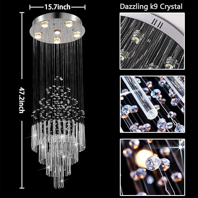 6-Light Flush Mount High Ceiling Chandelier, Modern Raindrop Crystal Chandeliers Pendant Light Foyer Chandelier Ceiling Led15.7 x 47.2 of CRYSTOP