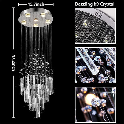 6-Light Flush Mount High Ceiling Chandelier, Modern Raindrop Crystal Chandeliers Pendant Light Foyer Chandelier Ceiling Led15.7 x 47.2 of CRYSTOP