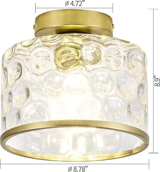 Zlepmlla Gold Flush Mount Ceiling Light with Clear Hammered Glass lampshade, Farmhouse Ceiling Lights Fixture in Satin Brass for Kitchen Bathroom, Bulb not Included